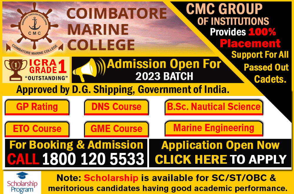 coimbatore marine college merchant navy admission notifications, gp rating, dns course, bsc nautical science, marine engineering, gme course, eto course