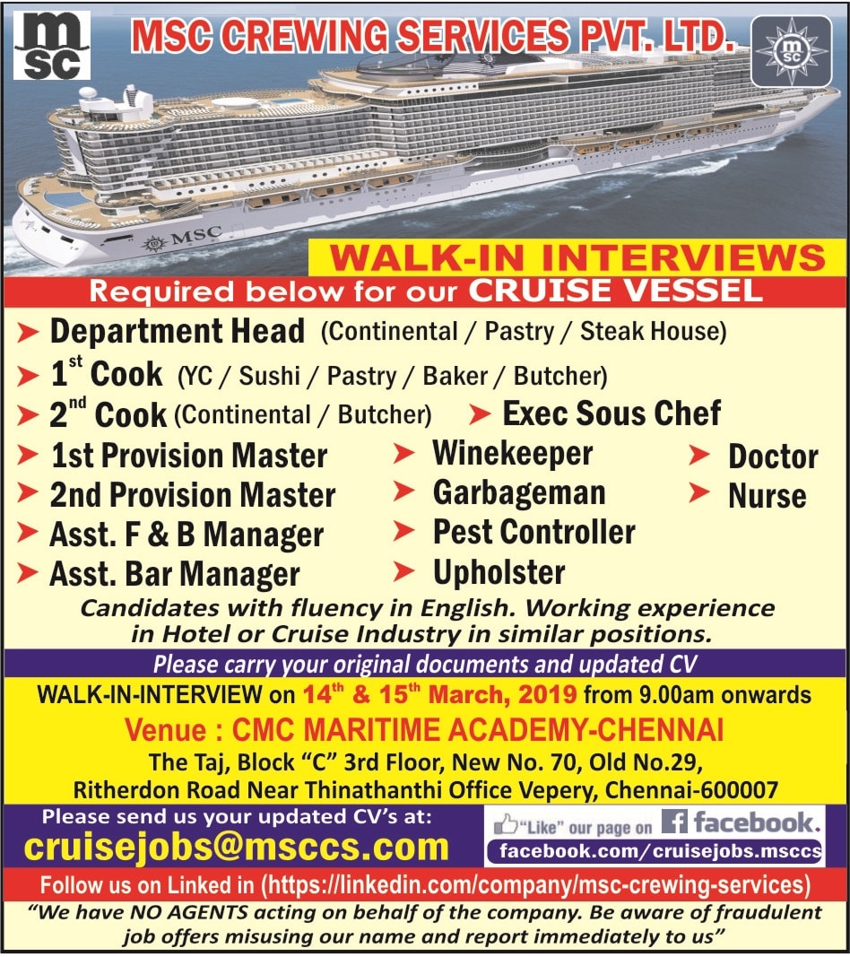 MSC Recruitment @ CMC Maritime Academy, Chennai
